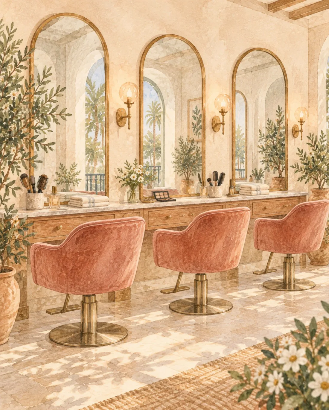 Acuarela de un salón de peluquería luminoso con sillones rosas