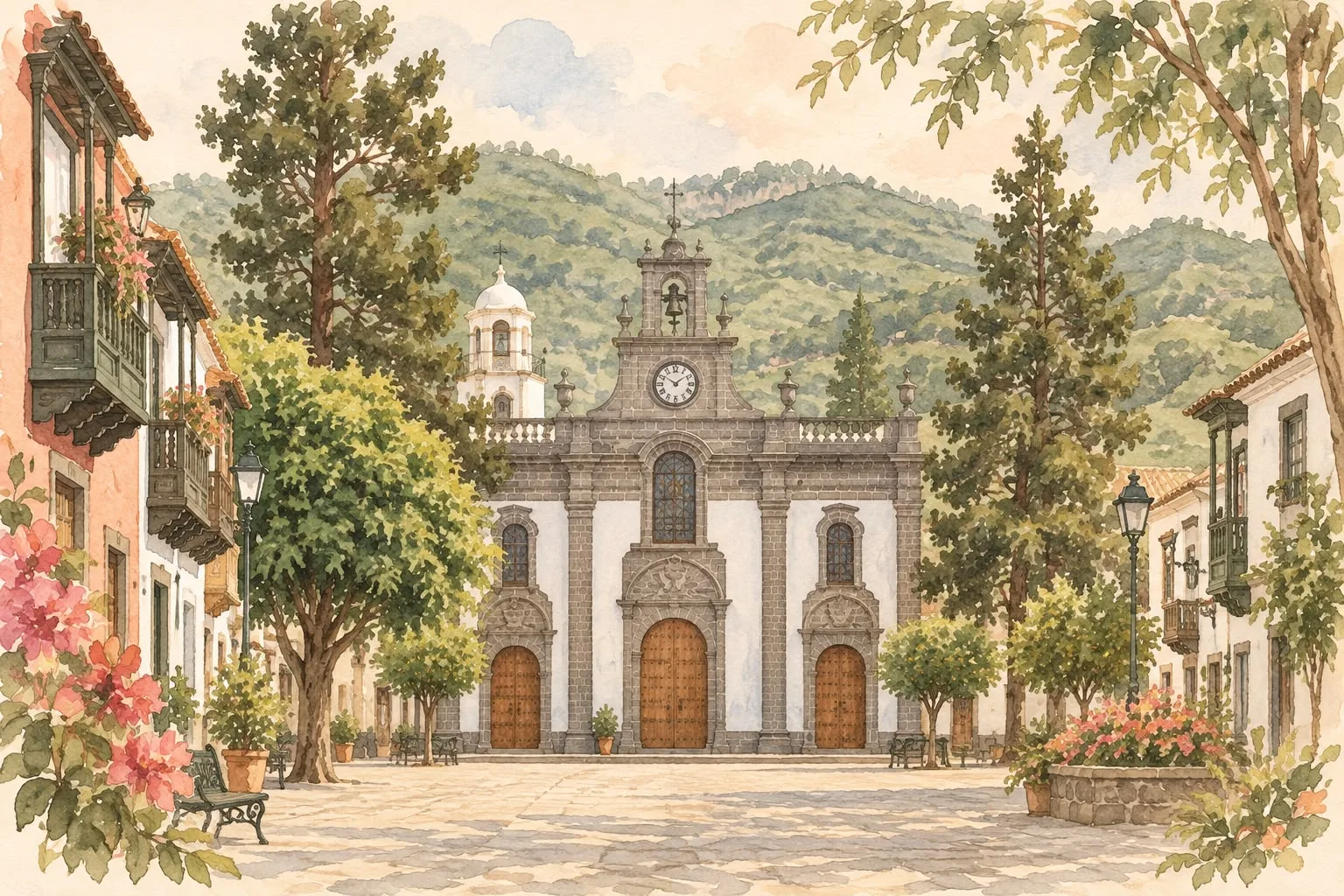 Acuarela de la plaza y la Basílica de Nuestra Señora del Pino, en Teror